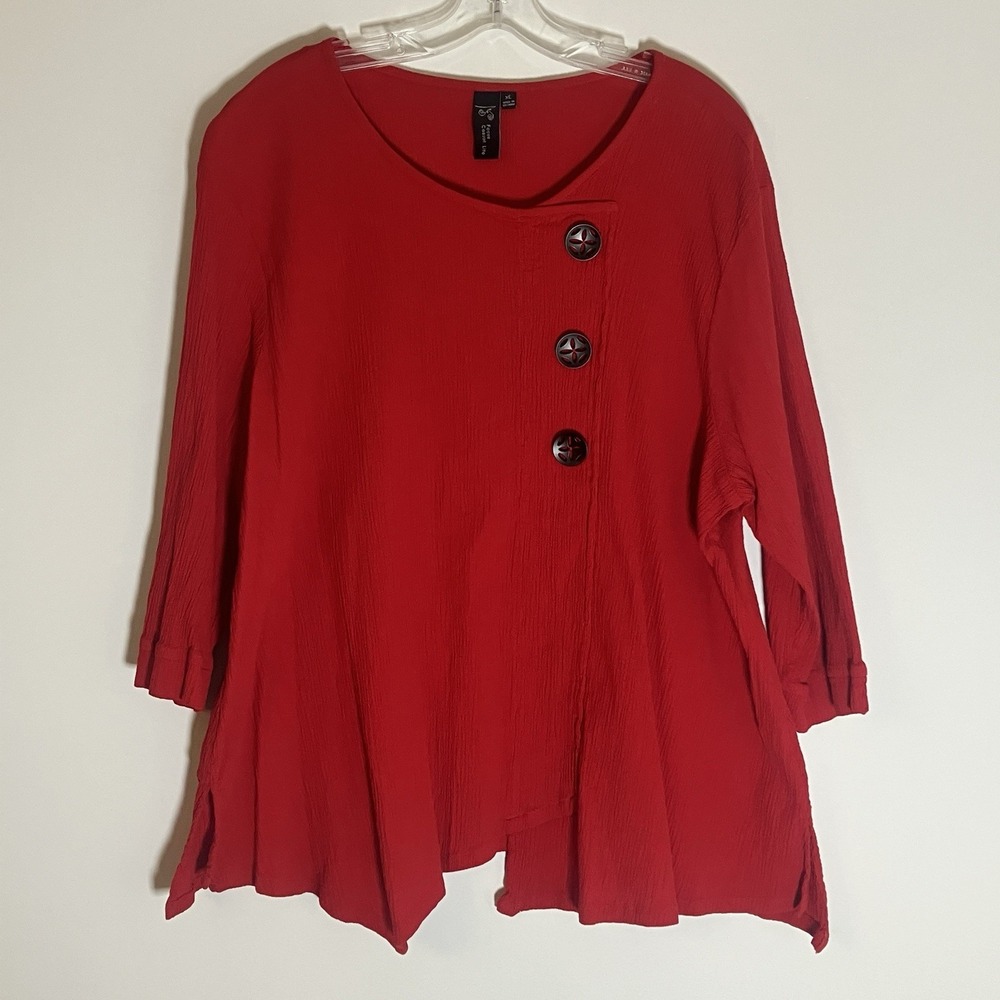 Focus‎ Casual Life Top Womens XL Red Guaze Art to Wear Asymmetric Lagenlook Boxy